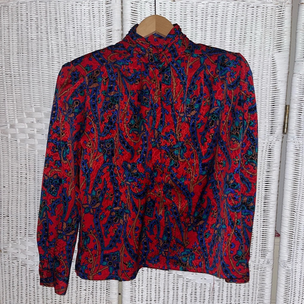 Marlis petite vintage paisley red blue long sleeve button up blouse women’s 12